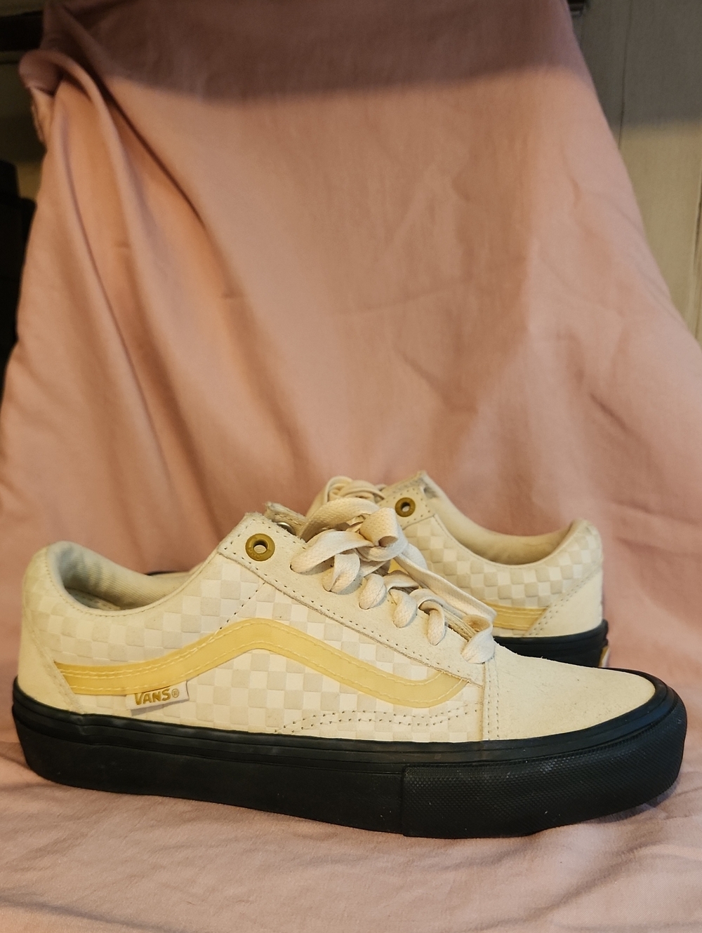 Vans Checkerboard Low-Top Sneakers in Cream & Yellow with Black Sole